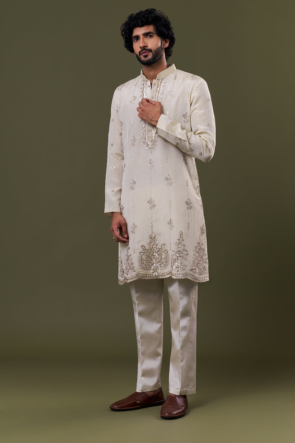 Light Gold Tissue Silk Dori Zari Embellished Kurta Set