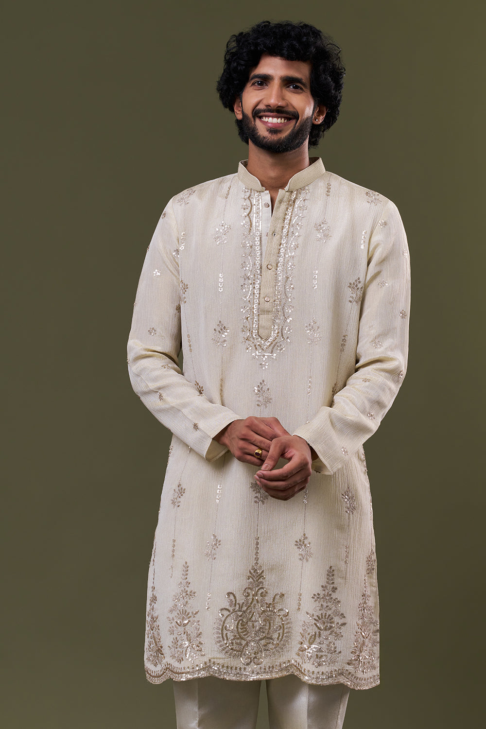 Light Gold Tissue Silk Dori Zari Embellished Kurta Set