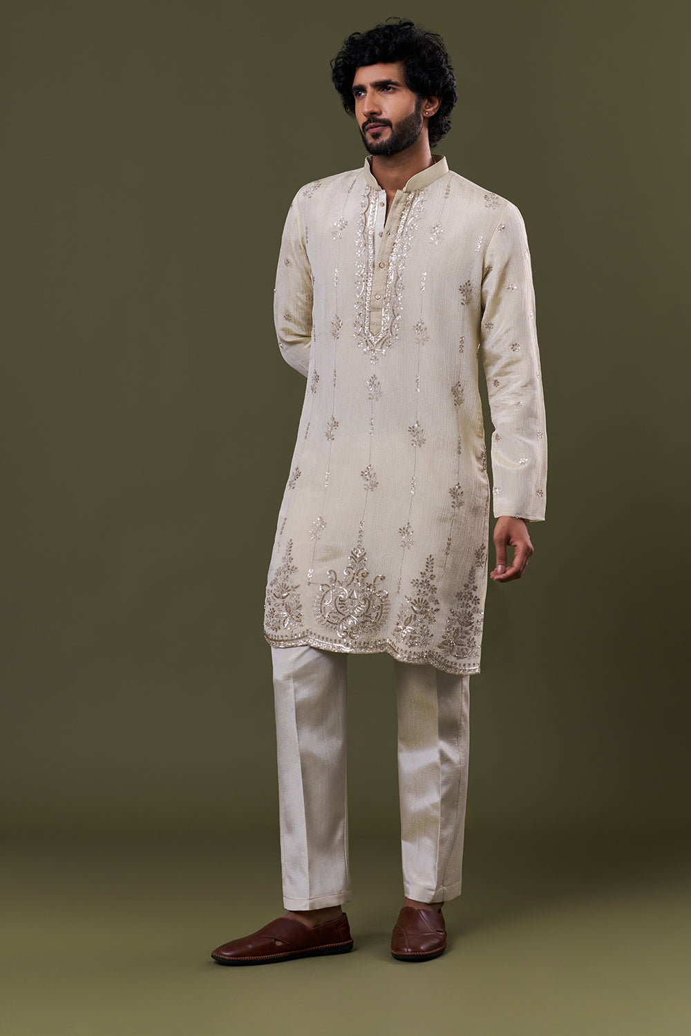 Light Gold Tissue Silk Dori Zari Embellished Kurta Set