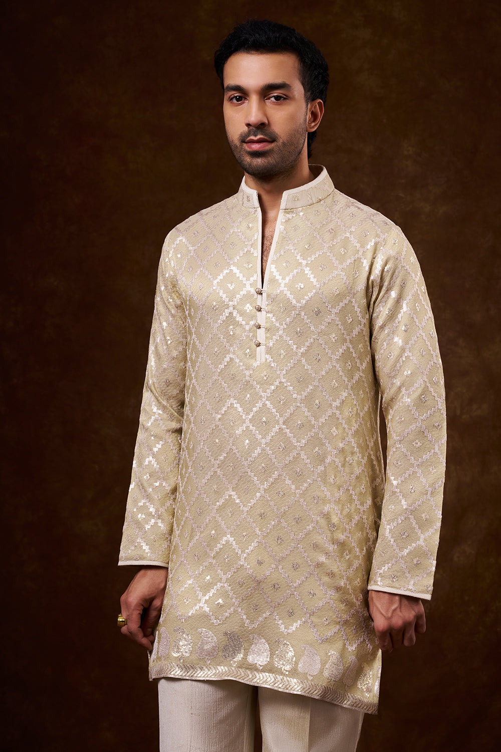 Light Gold Tissue Silk Men's Kurta Set with Resham Work