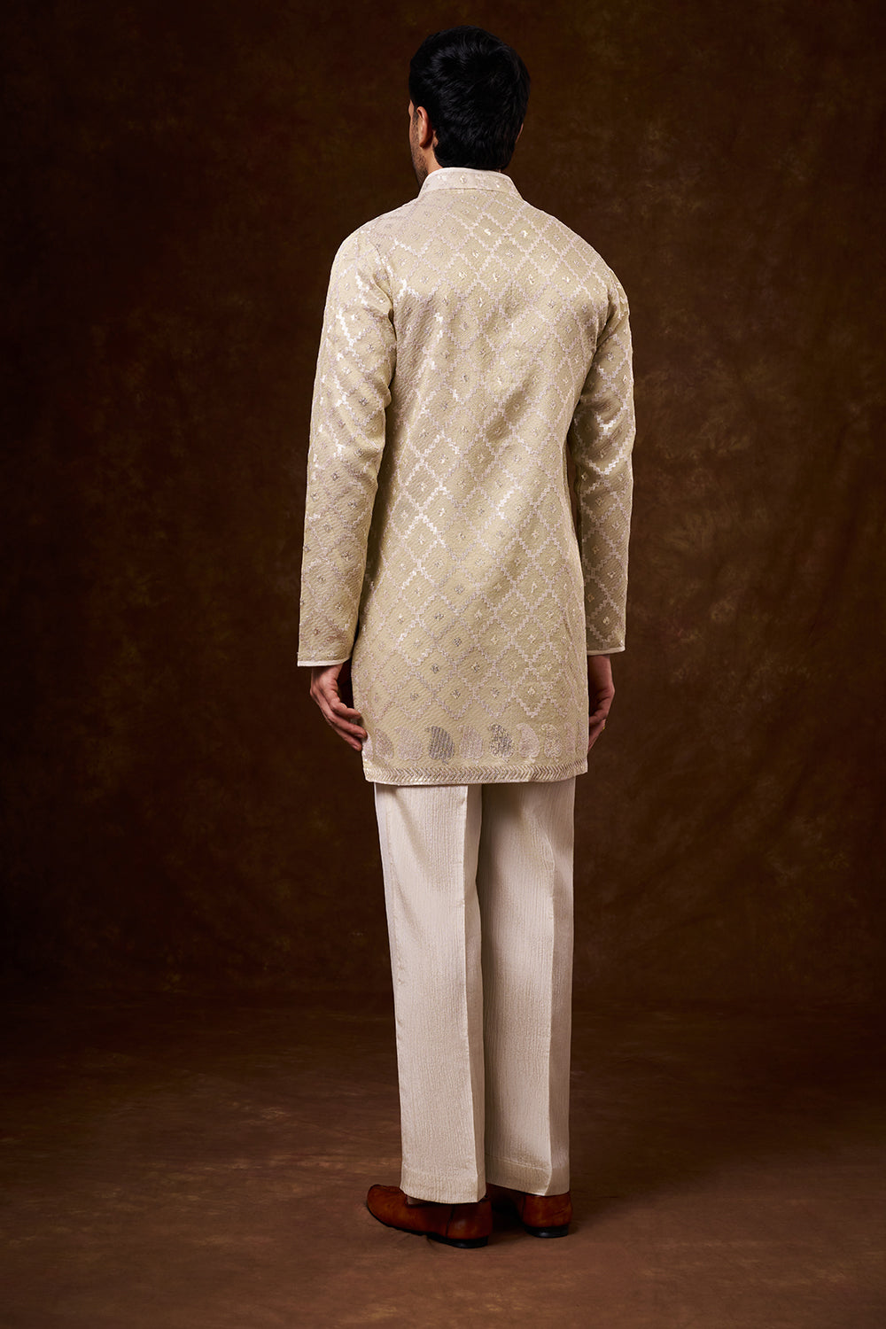 Light Gold Tissue Silk Men's Kurta Set with Resham Work