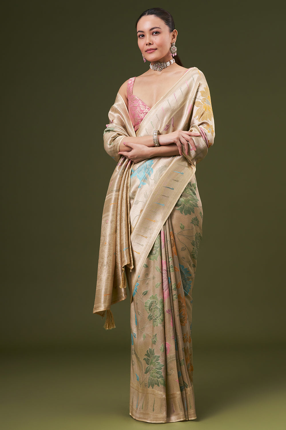 Light Golden Dola Silk Saree with Zardosi Work