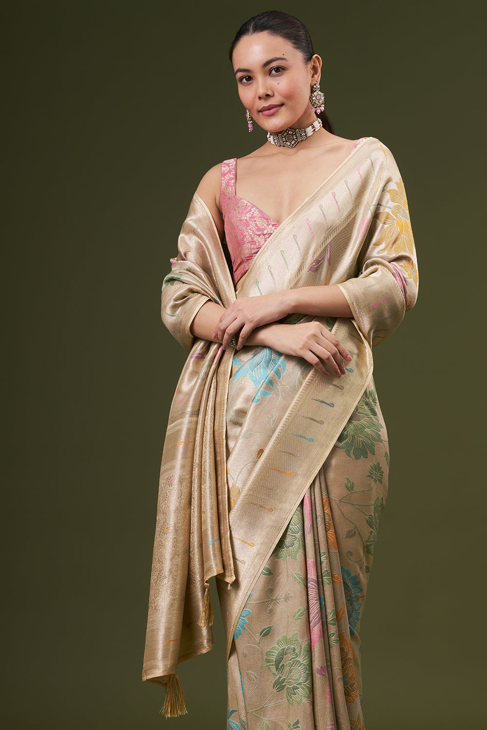 Light Golden Dola Silk Saree with Zardosi Work