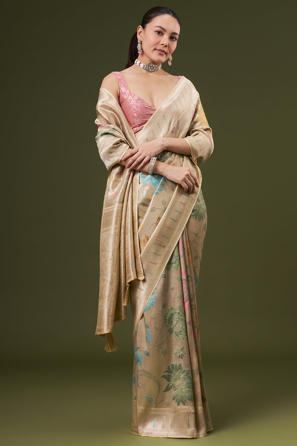 Light Golden Dola Silk Saree with Zardosi Work