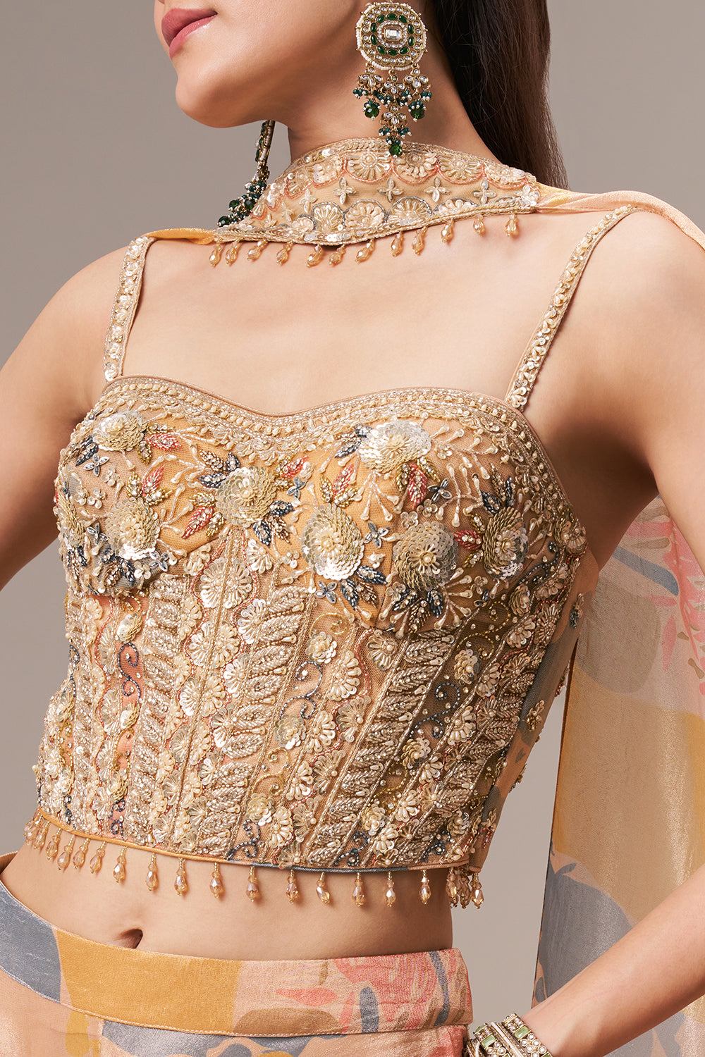 Light Golden Tissue Crop Top Style Suit with Cutdana and Sequin Work