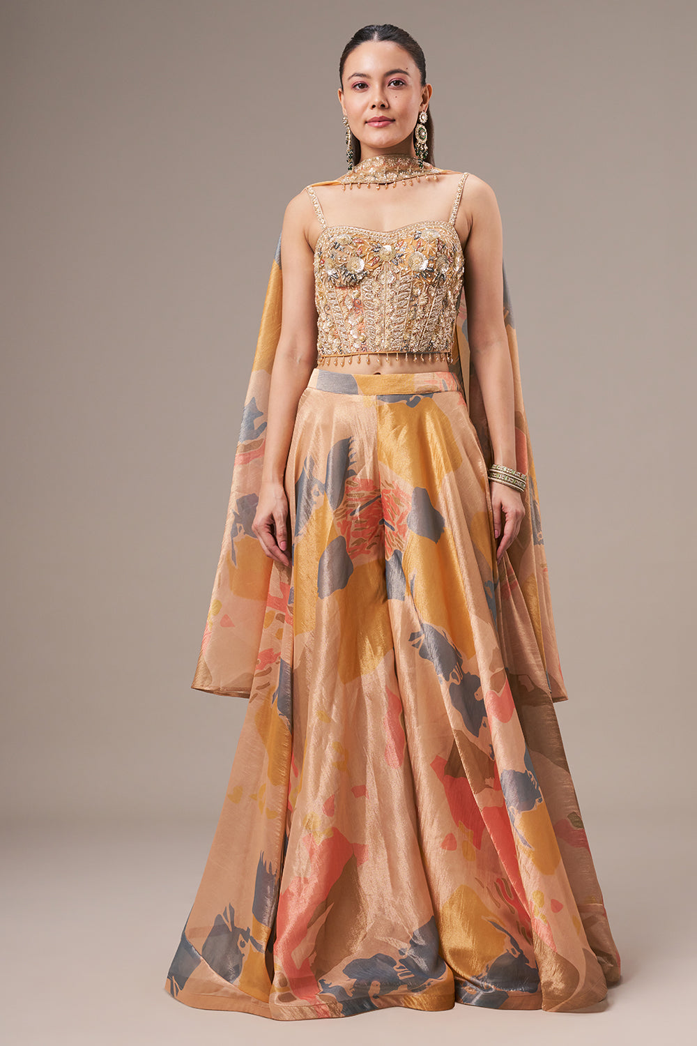 Light Golden Tissue Crop Top Style Suit with Cutdana and Sequin Work