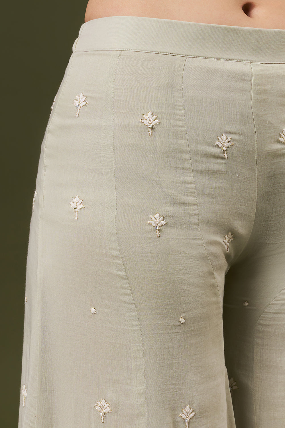 Light Green Mul Cotton Palazzo Suit with Thread and Pearl Work