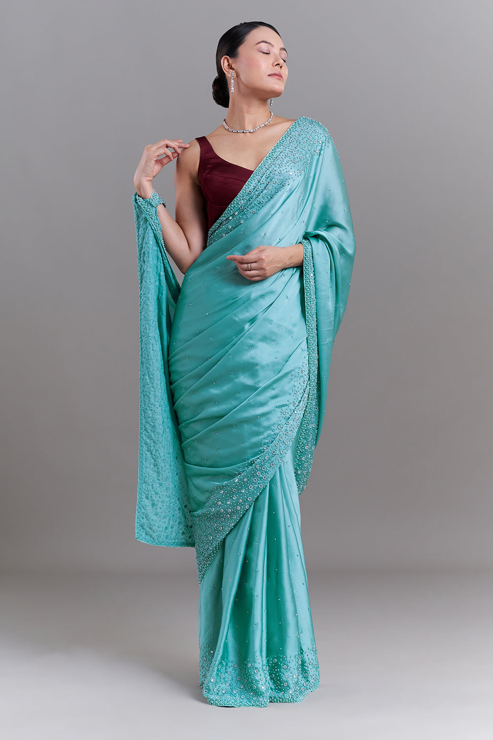 Light Green Satin Saree With Mirror and Pearl Detailing