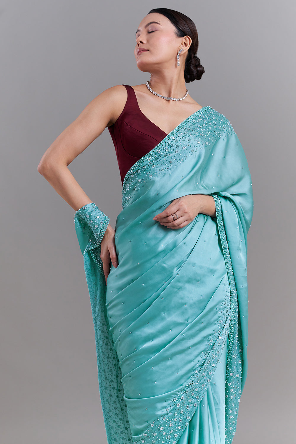 Light Green Satin Saree With Mirror and Pearl Detailing