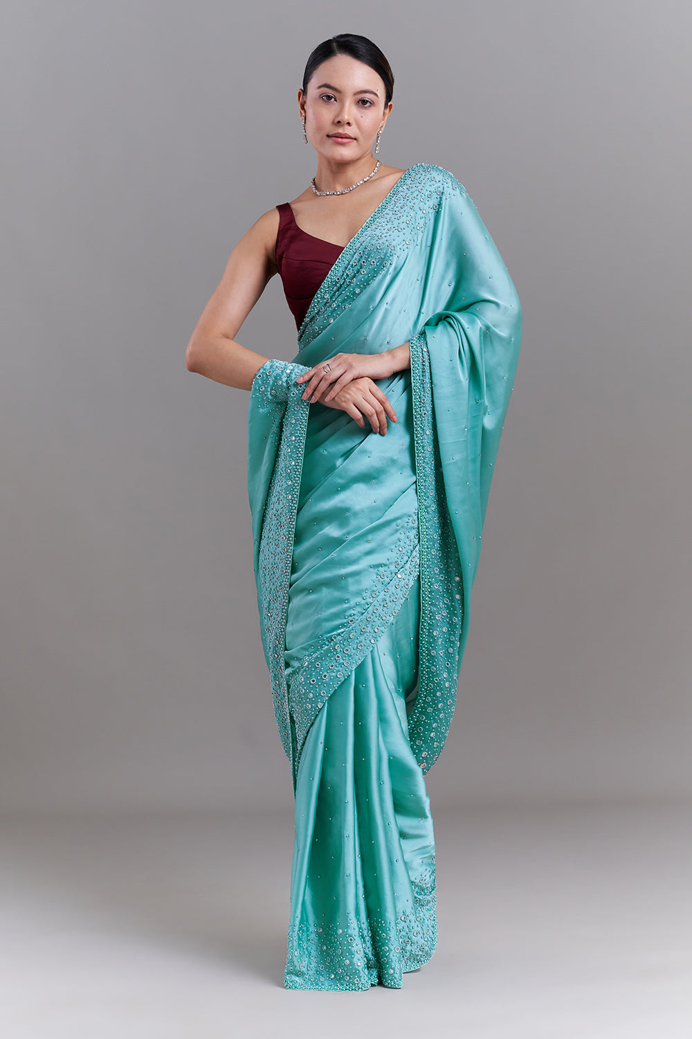 Light Green Satin Saree With Mirror and Pearl Detailing