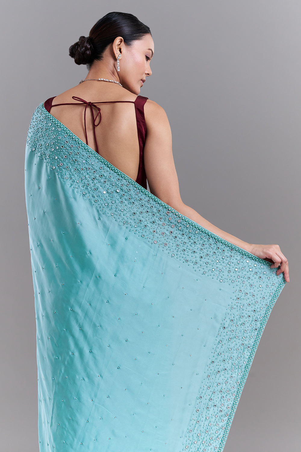 Light Green Satin Saree With Mirror and Pearl Detailing