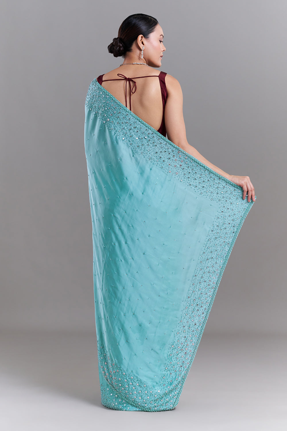 Light Green Satin Saree With Mirror and Pearl Detailing