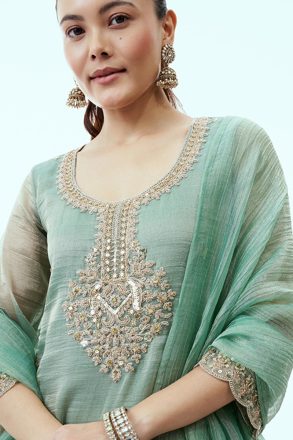 Light Green Tissue Kurta Set with Aari Embroidery