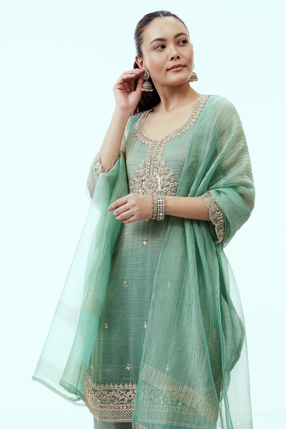 Light Green Tissue Kurta Set with Aari Embroidery