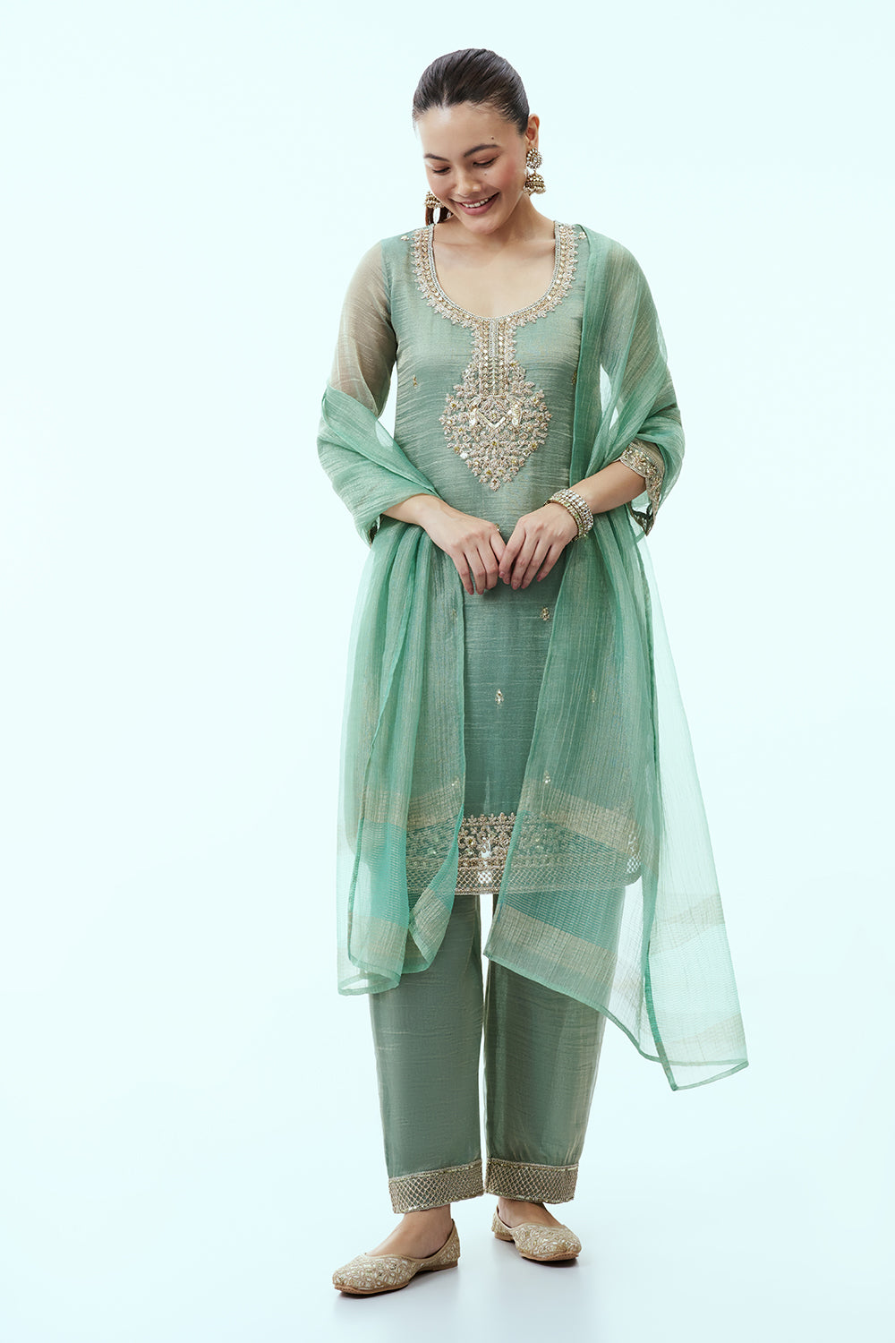 Light Green Tissue Kurta Set with Aari Embroidery