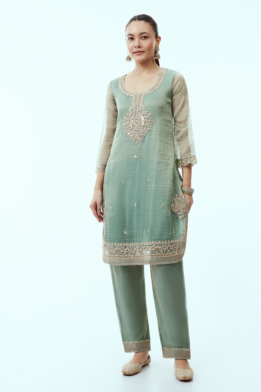 Light Green Tissue Kurta Set with Aari Embroidery