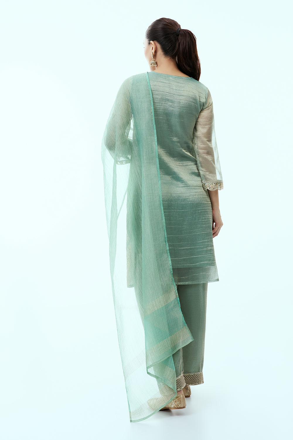 Light Green Tissue Kurta Set with Aari Embroidery