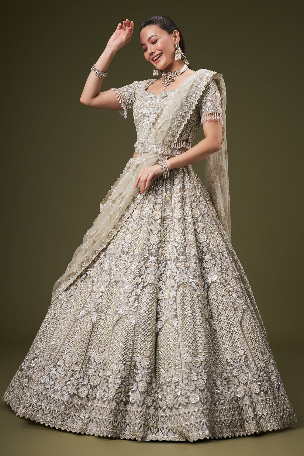Light Green Tissue Bridesmaid Lehenga with Sequin and Pearl Work