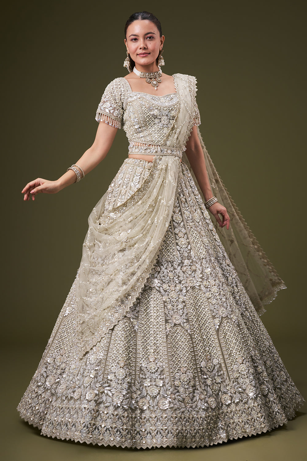 Light Green Tissue Bridesmaid Lehenga with Sequin and Pearl Work