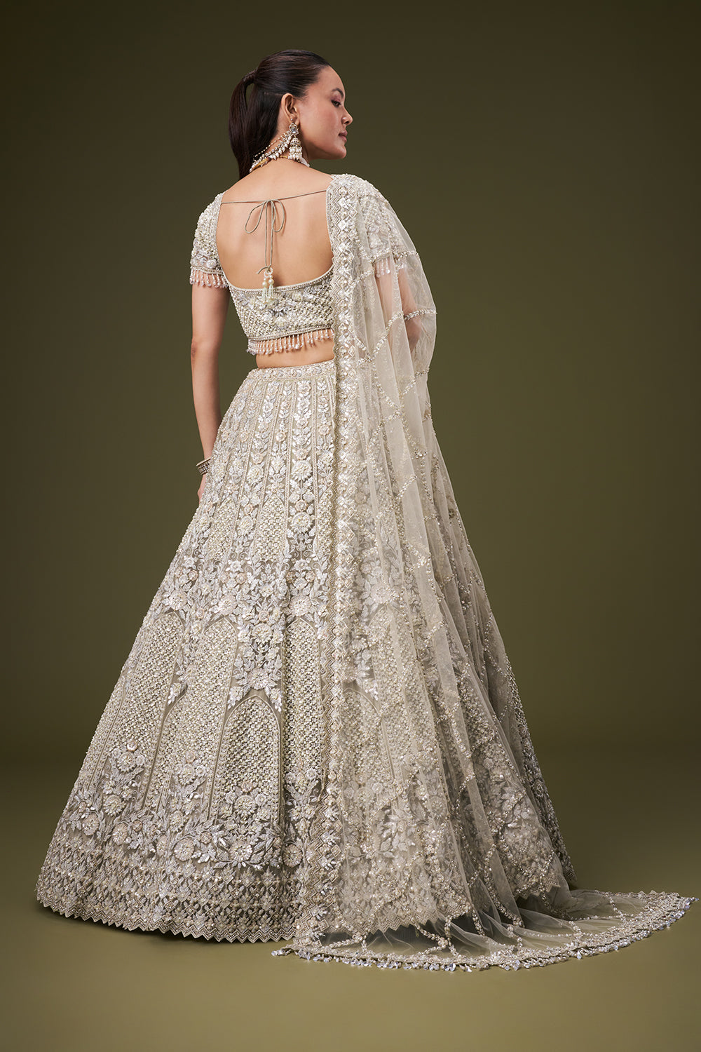 Light Green Tissue Bridesmaid Lehenga with Sequin and Pearl Work
