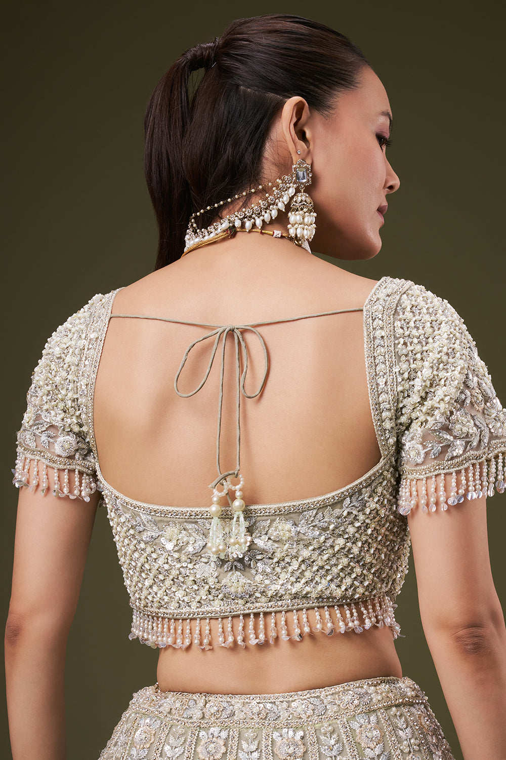 Light Green Tissue Bridesmaid Lehenga with Sequin and Pearl Work