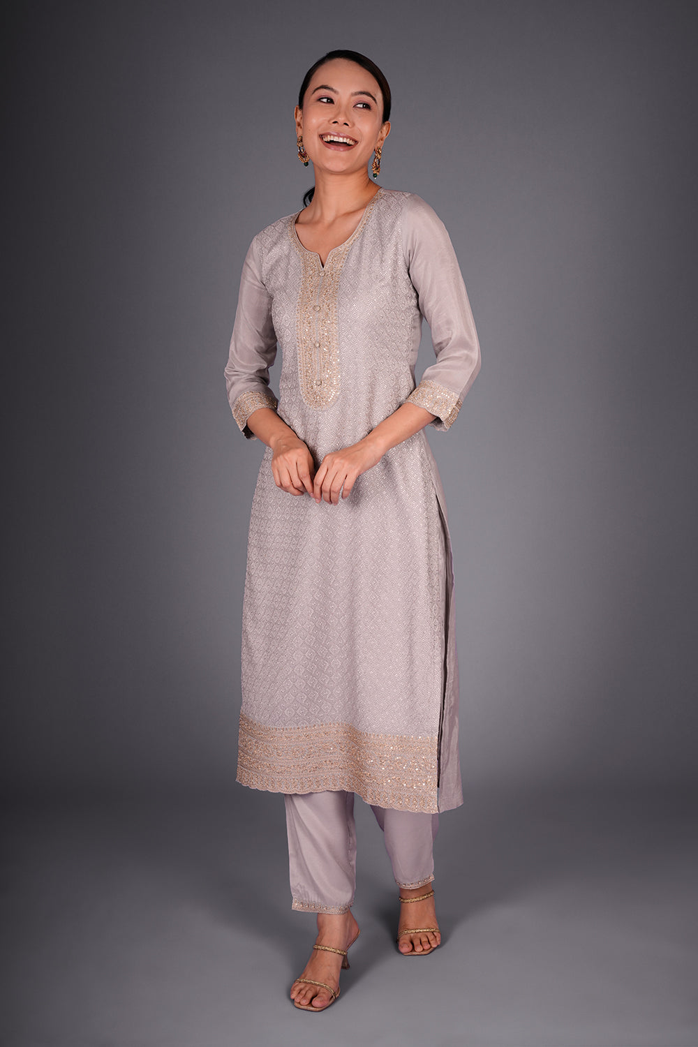 Light Grey Resham-Woven Kurta Set with Resham Embroidery