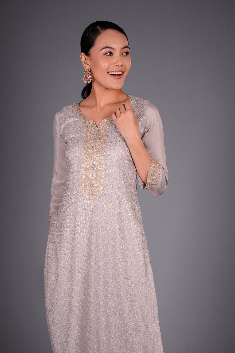 Light Grey Resham-Woven Kurta Set with Resham Embroidery