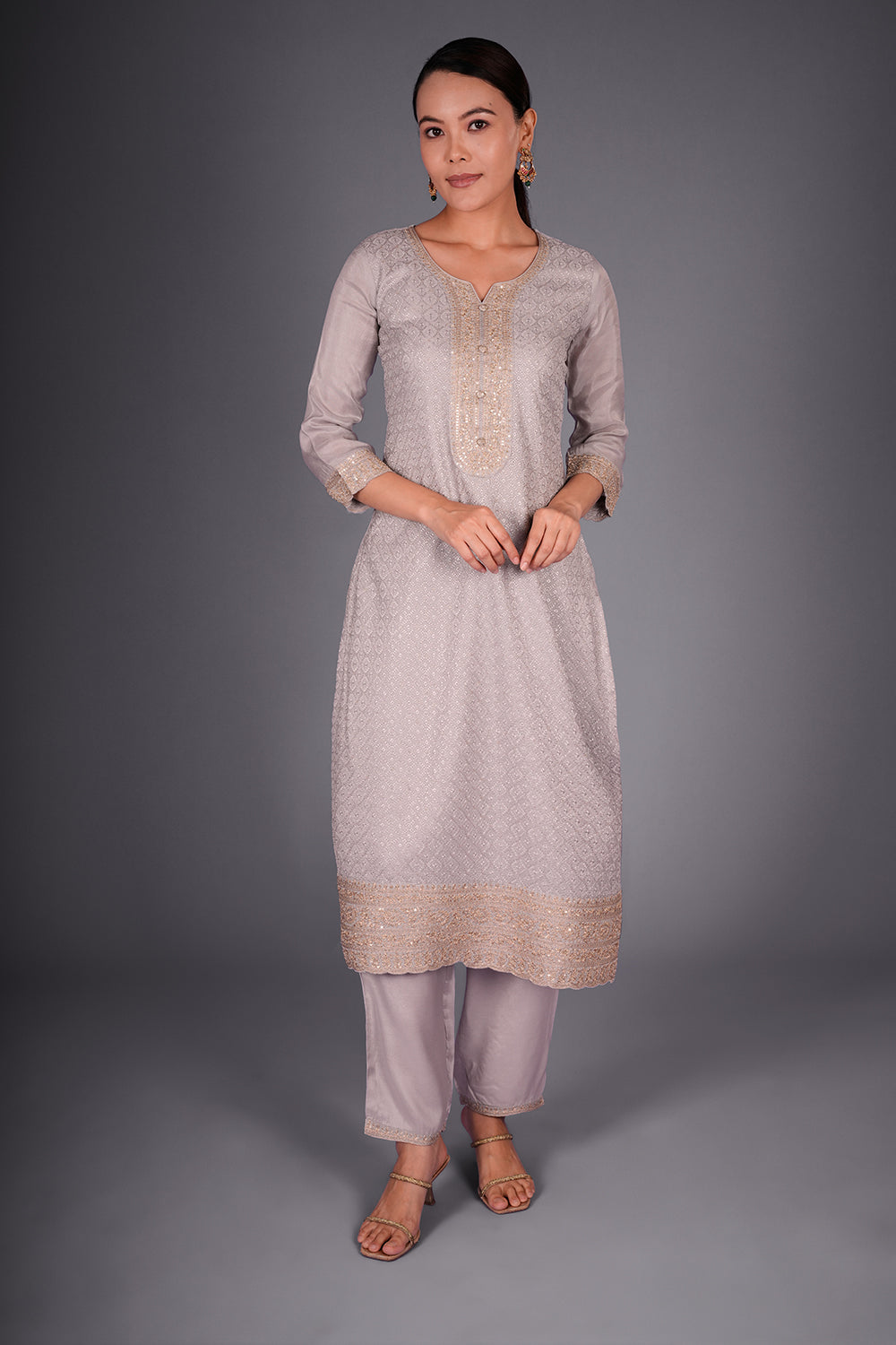 Light Grey Resham-Woven Kurta Set with Resham Embroidery