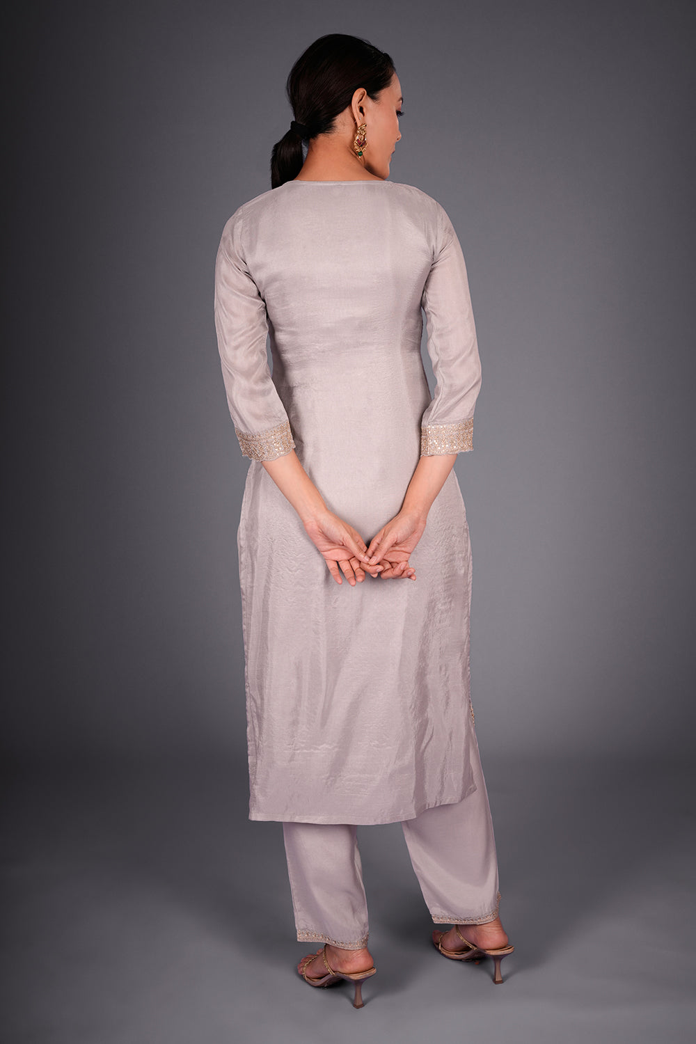 Light Grey Resham-Woven Kurta Set with Resham Embroidery