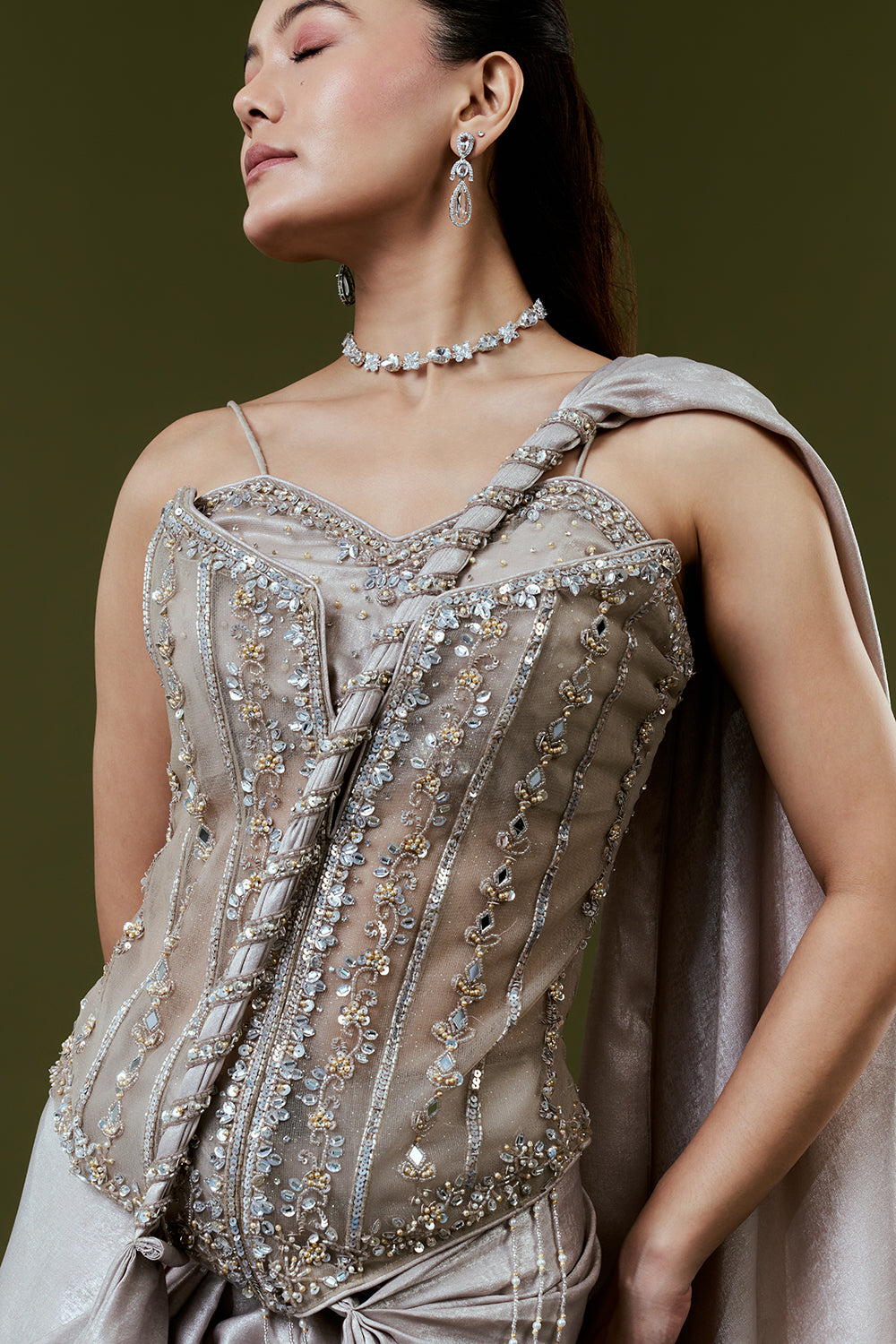 Light Grey Shimmer Satin Indo Western Set with Mirror and Sequin Work