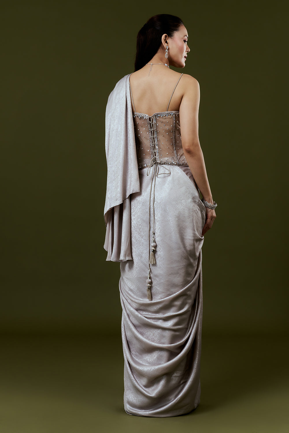 Light Grey Shimmer Satin Indo Western Set with Mirror and Sequin Work