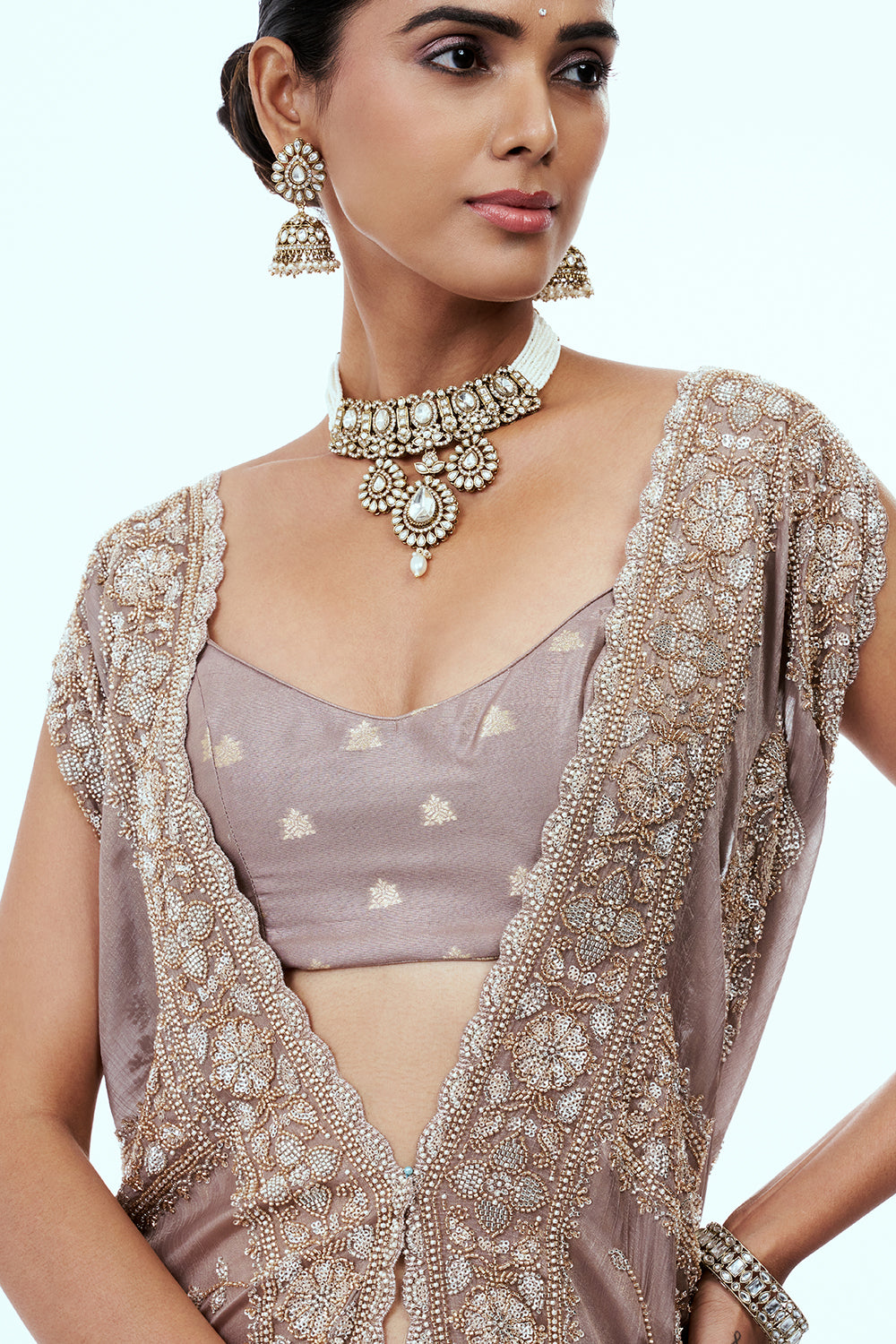 Light Mauve Cotton Silk Saree with Cutdana Work
