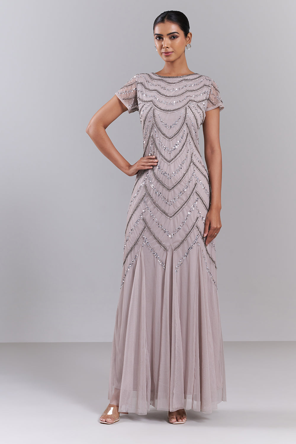 Light Mauve Embellished Net Gown