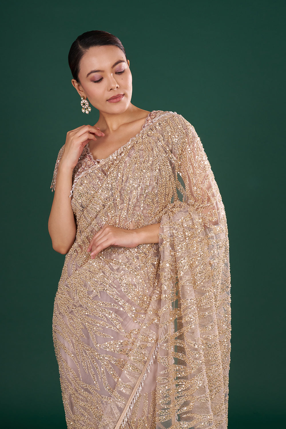 Dusty Gold Embroidered Net Saree and Unstitched Blouse