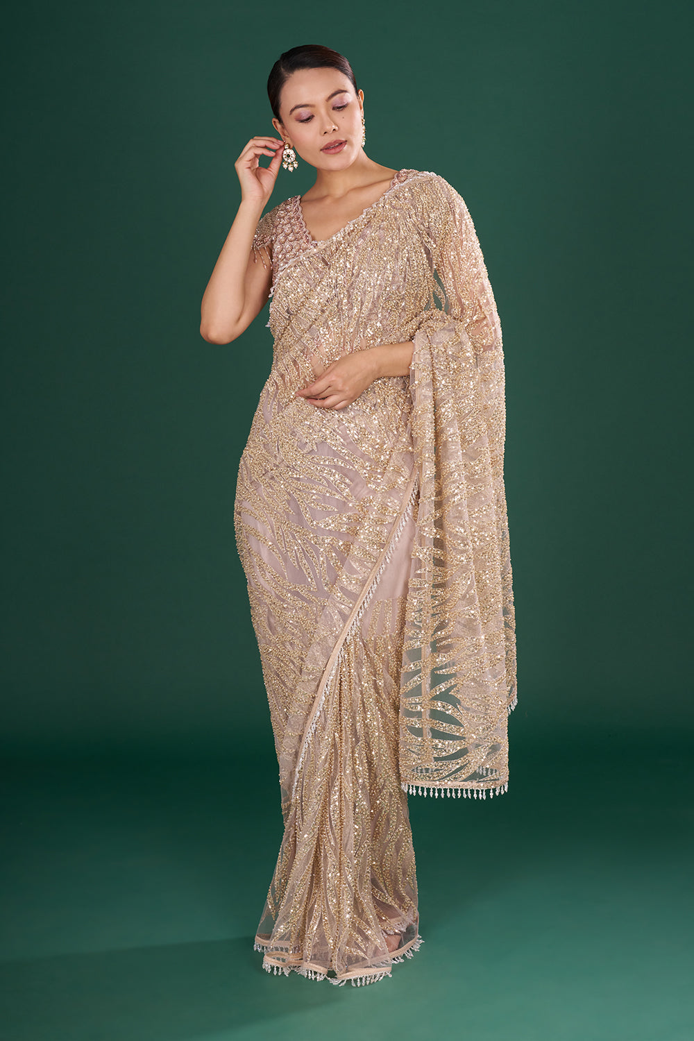 Dusty Gold Embroidered Net Saree and Unstitched Blouse