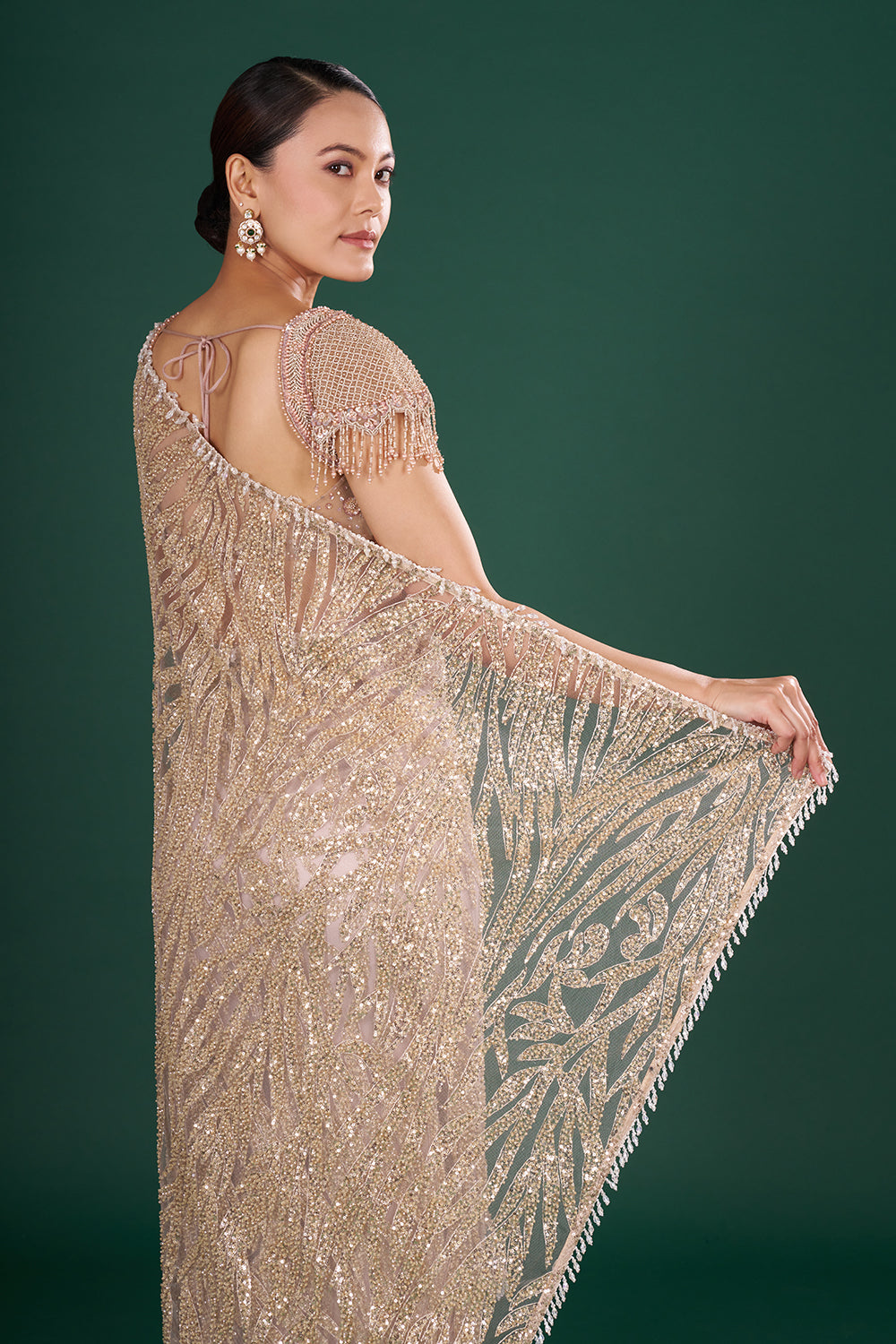 Dusty Gold Embroidered Net Saree and Unstitched Blouse