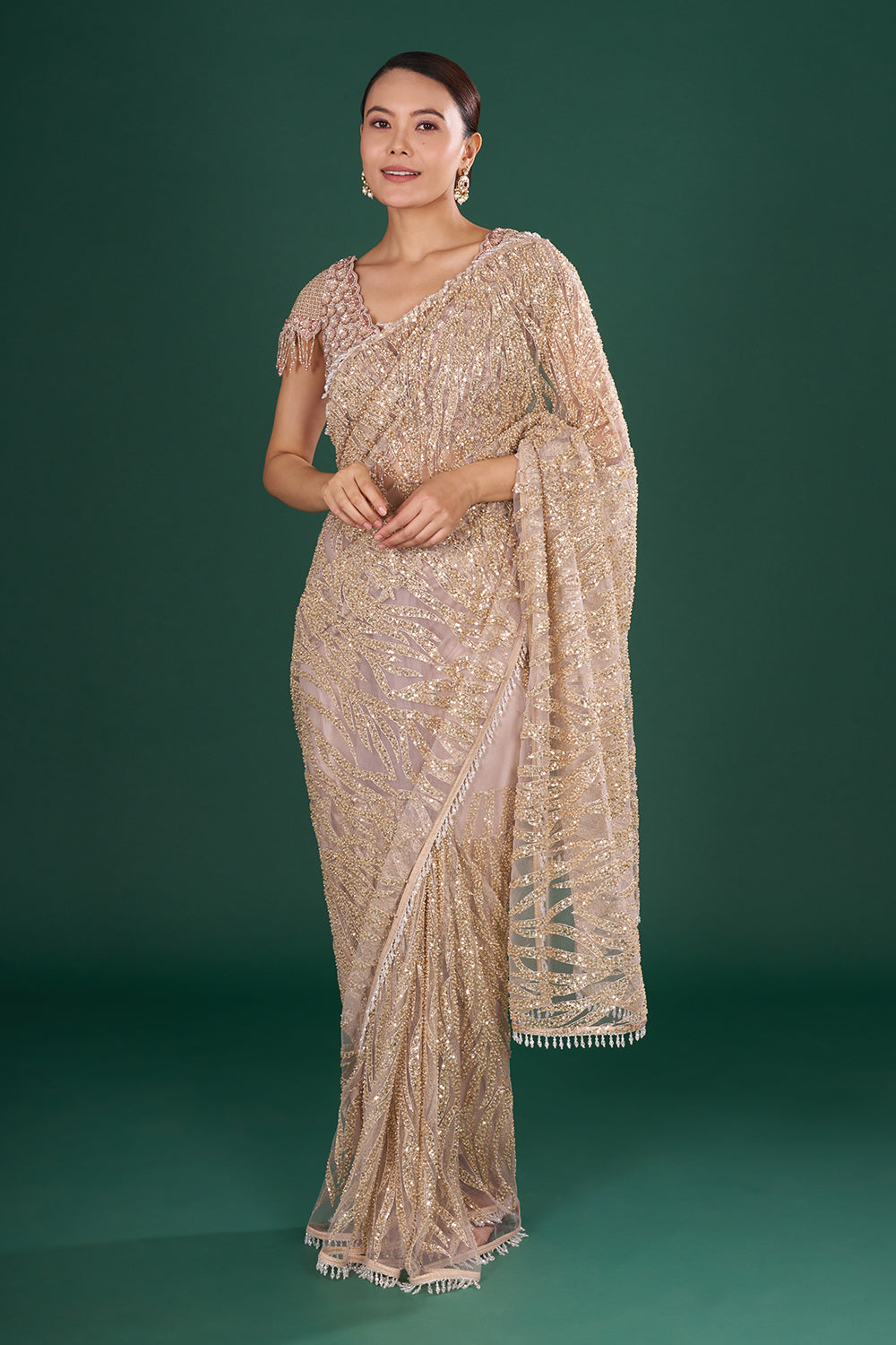 Dusty Gold Embroidered Net Saree and Unstitched Blouse