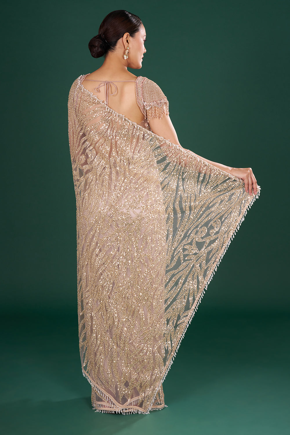 Dusty Gold Embroidered Net Saree and Unstitched Blouse
