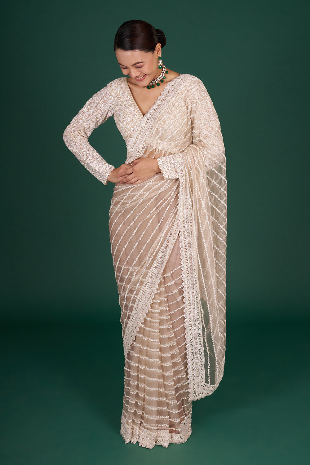 Champagne Net Embroidered Saree with Stripe Pattern and Stitched Blouse