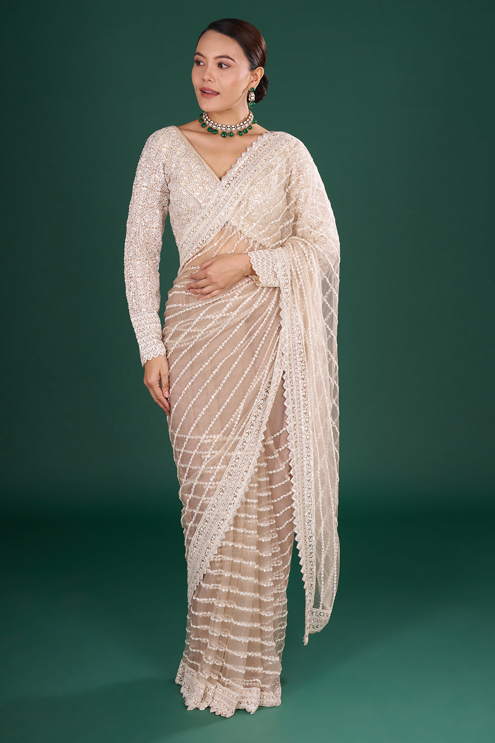 Champagne Net Embroidered Saree with Stripe Pattern and Stitched Blouse