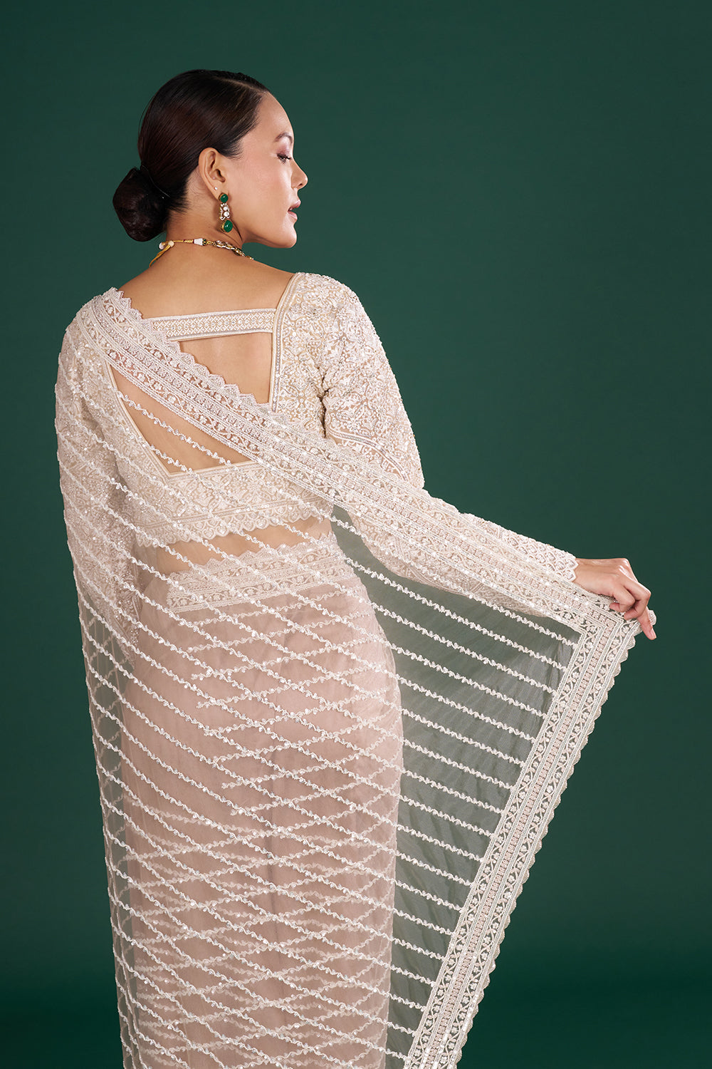 Champagne Net Embroidered Saree with Stripe Pattern and Stitched Blouse