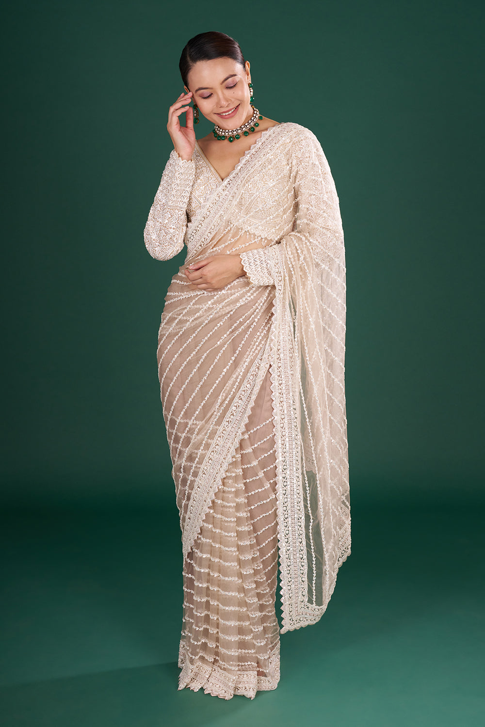 Champagne Net Embroidered Saree with Stripe Pattern and Stitched Blouse