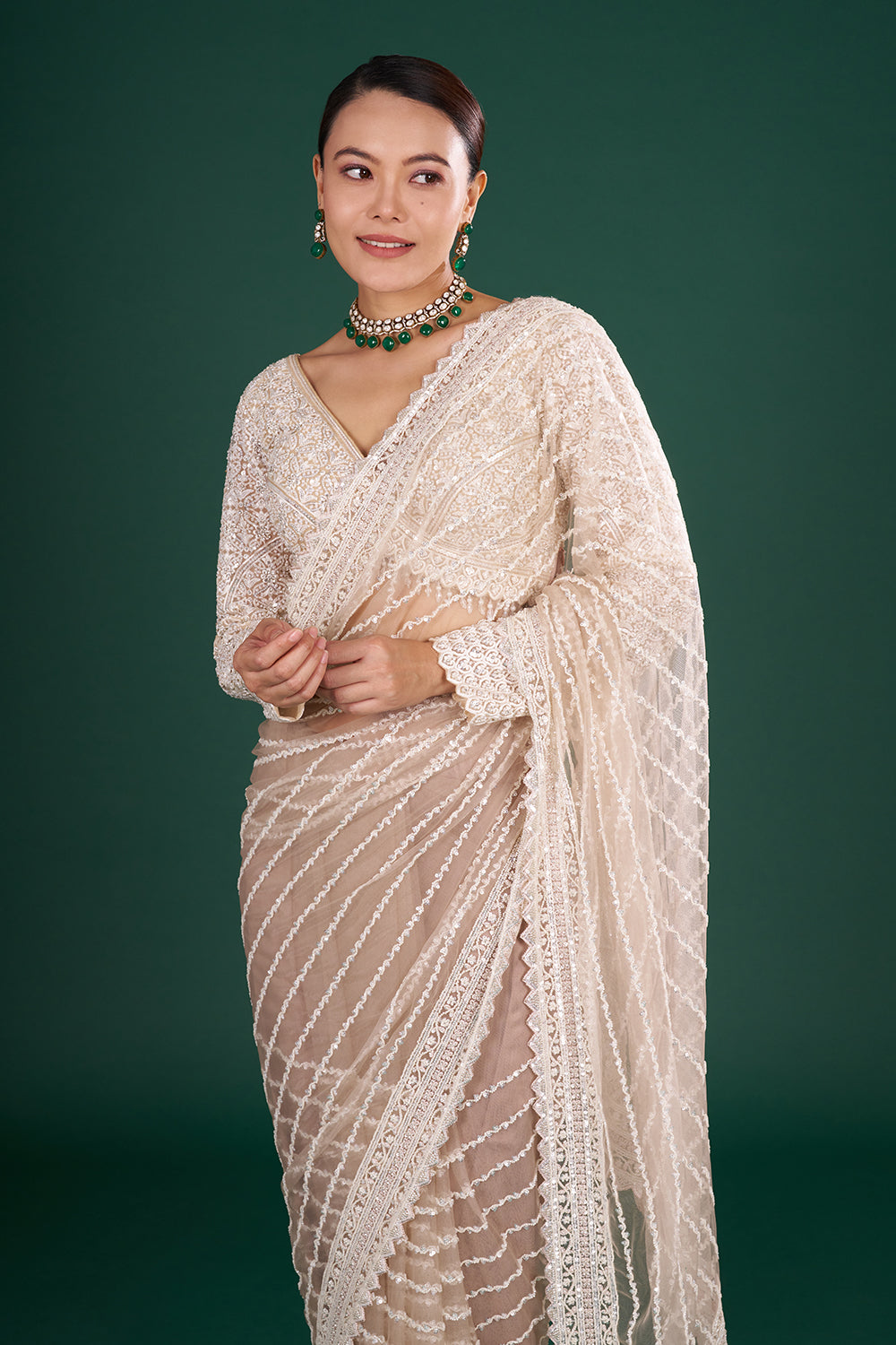Champagne Net Embroidered Saree with Stripe Pattern and Stitched Blouse