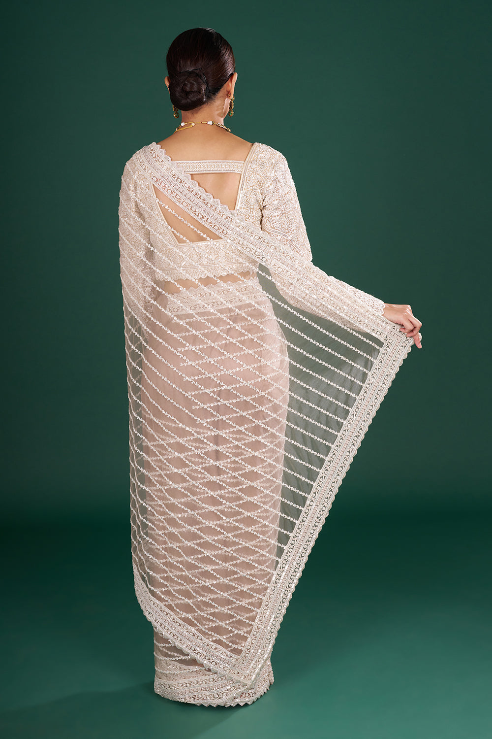 Champagne Net Embroidered Saree with Stripe Pattern and Stitched Blouse