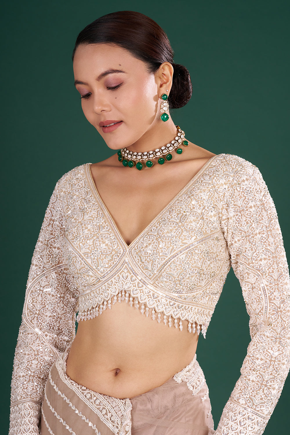 Champagne Net Embroidered Saree with Stripe Pattern and Stitched Blouse