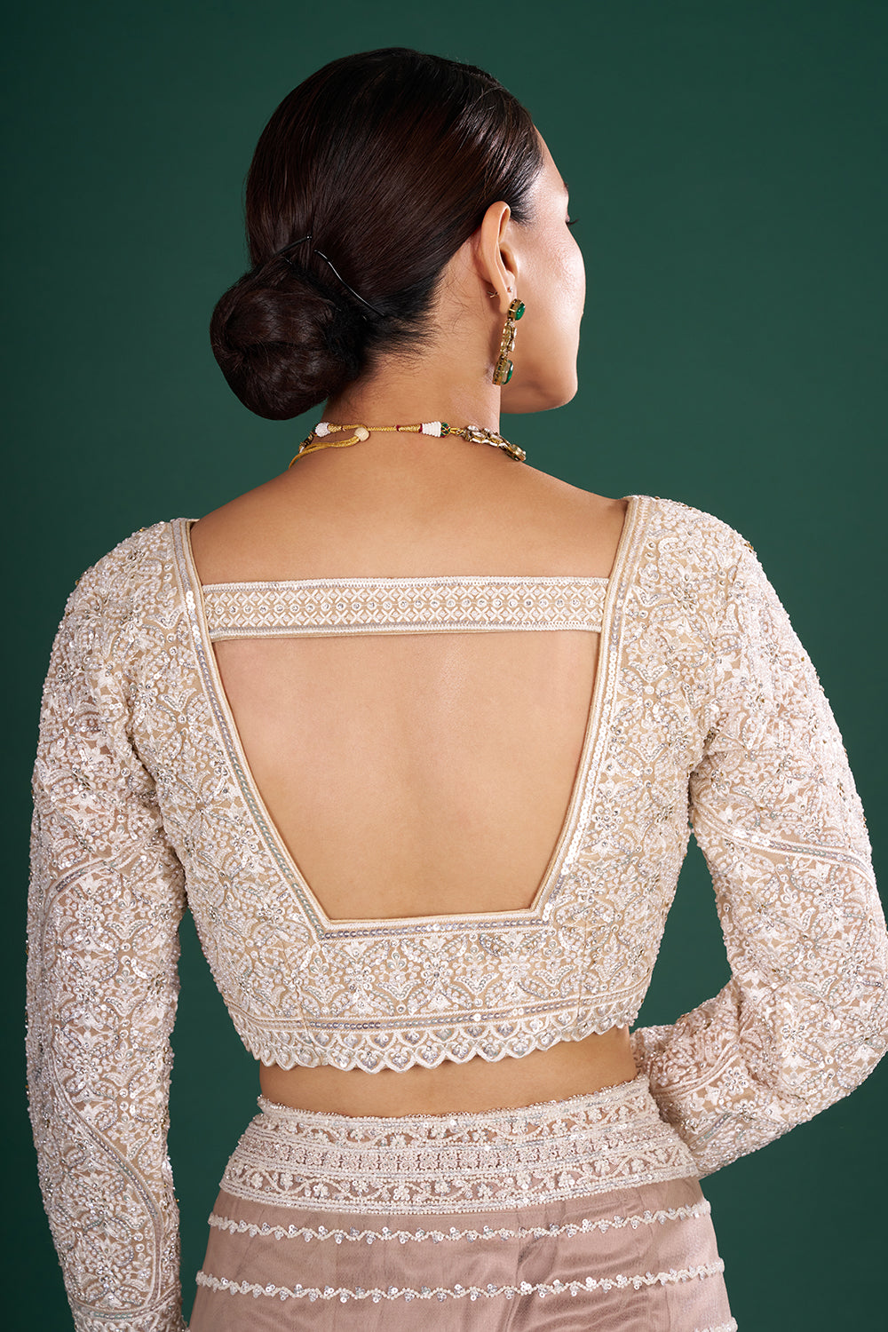 Champagne Net Embroidered Saree with Stripe Pattern and Stitched Blouse