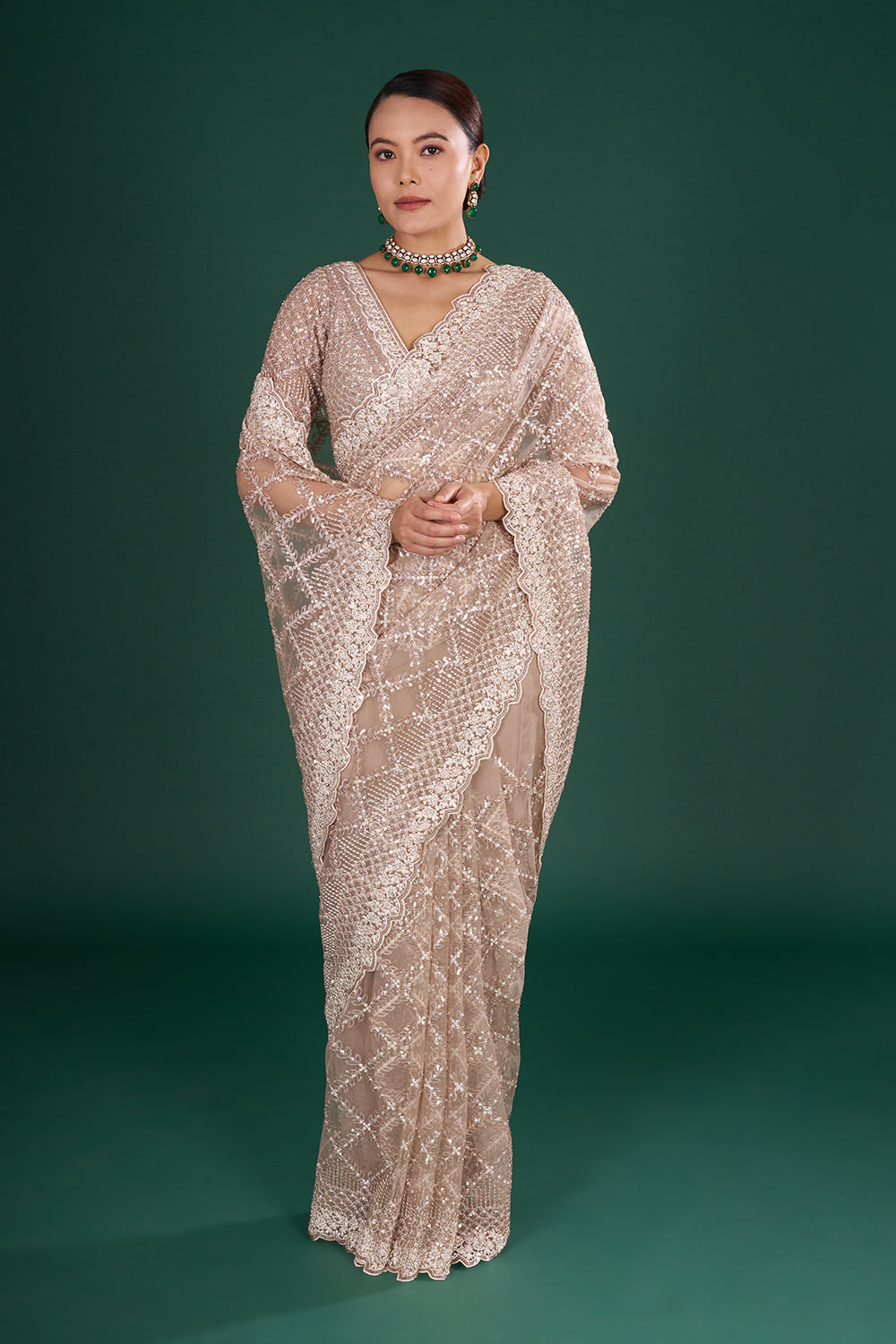 Champagne Net Embroidered Saree with Geometric Pattern and Stitched Blouse
