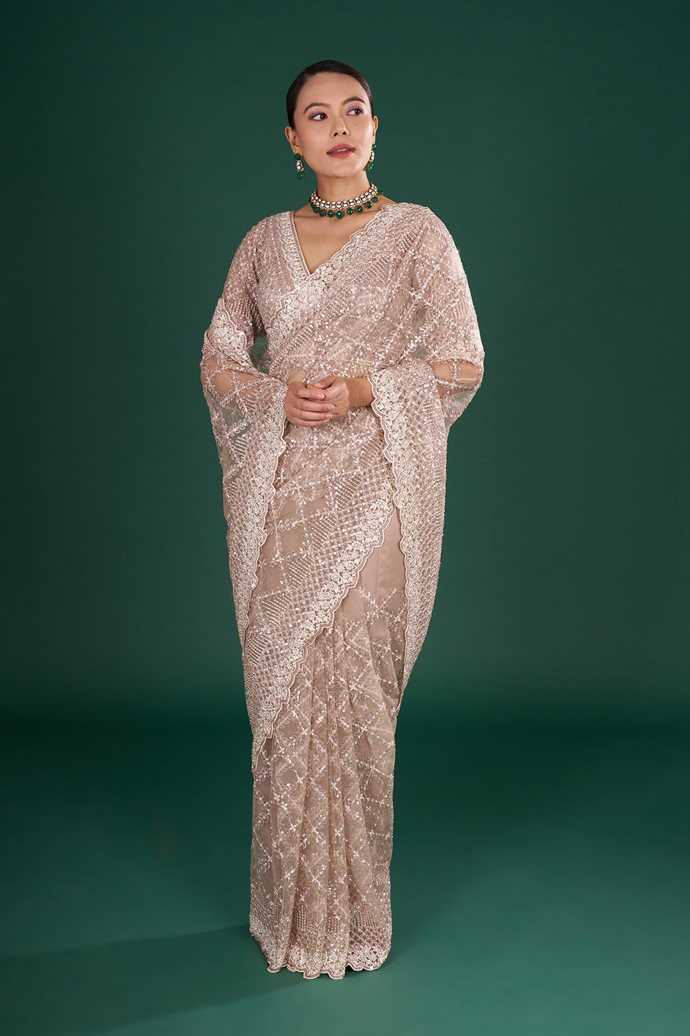 Champagne Net Embroidered Saree with Geometric Pattern and Stitched Blouse