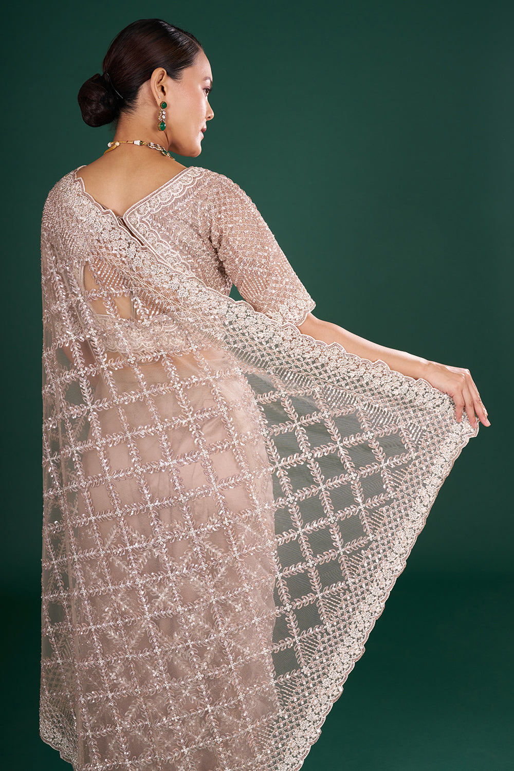 Champagne Net Embroidered Saree with Geometric Pattern and Stitched Blouse