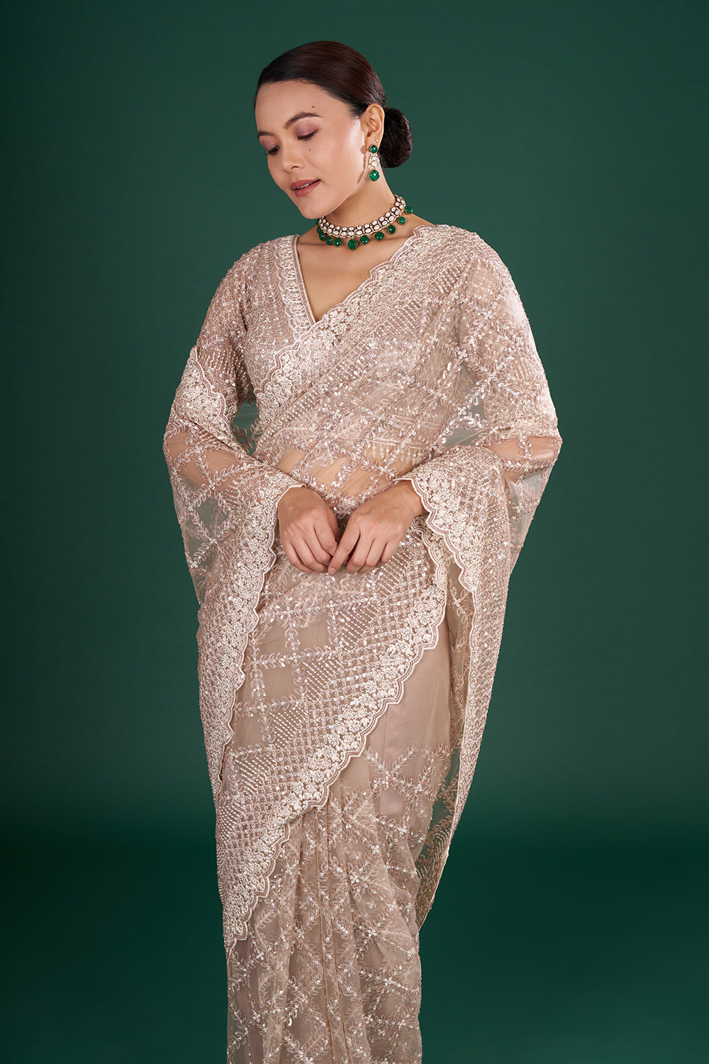 Champagne Net Embroidered Saree with Geometric Pattern and Stitched Blouse